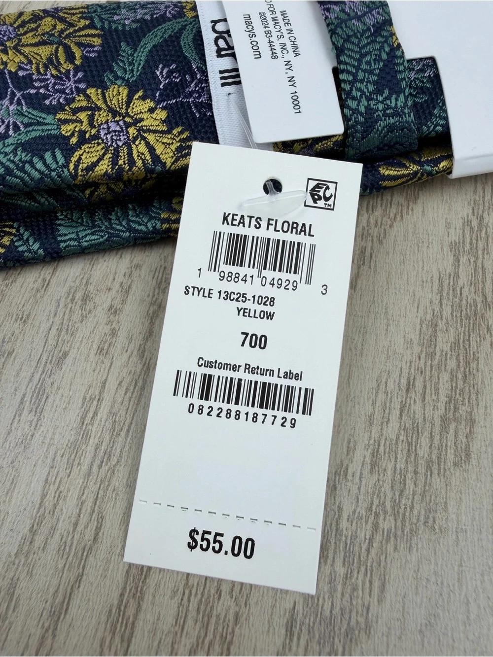 580 Bar III Men's Tie Keats Floral 700 Yellow Blue $55 Polyester Skinny Slim